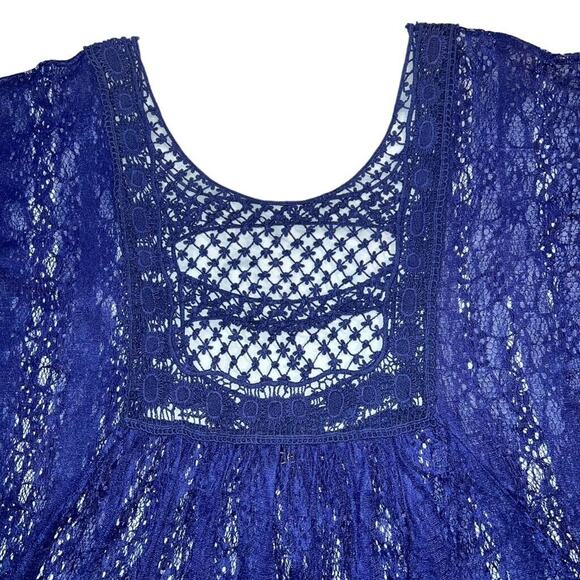 Deb Poncho Blouse Top Blue Wide Cut Lace Accent Cutout Back XL - Picture 2 of 7
